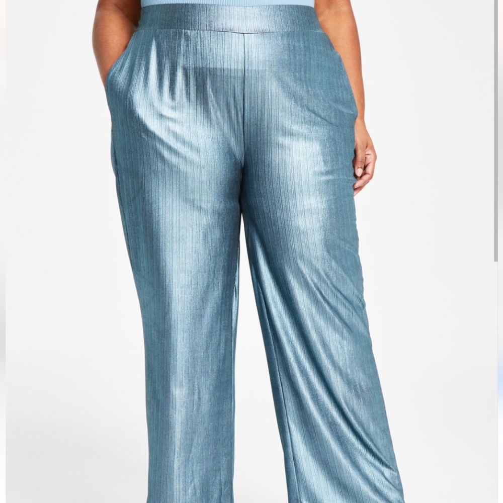 Nina Parker Trendy Plus Size Metallic Wide-Leg Pants in Ice Blue